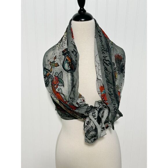 DMD Vintage Cotton Silk Blend Skull Roses Print Bandana Scarf Gray Size 46 x 52 - Picture 10 of 11